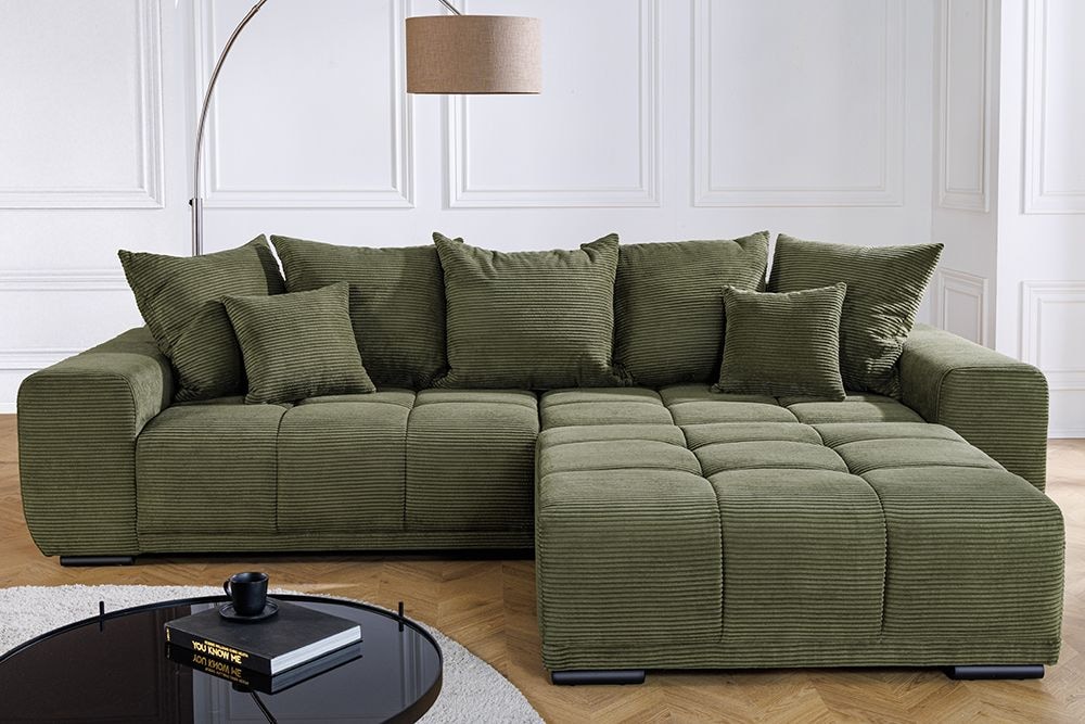 Modernes XXL Sofa ELEGANCIA 285cm grün Cord Federkern inklusive Kissen Bigsofa