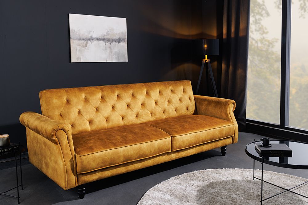 3-Sitzer Sofa MAISON BELLE AFFAIRE 220cm senfgelb Samt mit Schlaffunktion