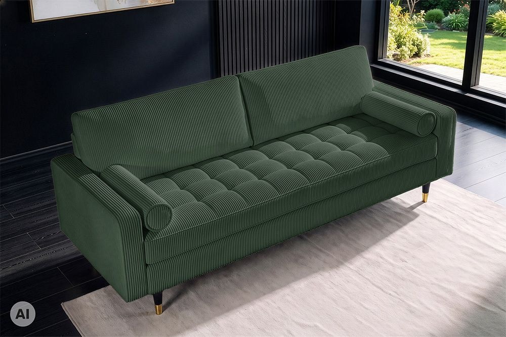 3er Sofa COZY VELVET 220cm grün Cord schwarze Füße mit goldener Kappe