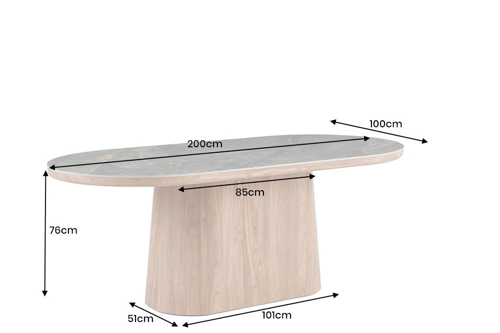 Ovaler Esstisch UNIQUE 200cm weiß natur Keramik Eiche Säulenfuß