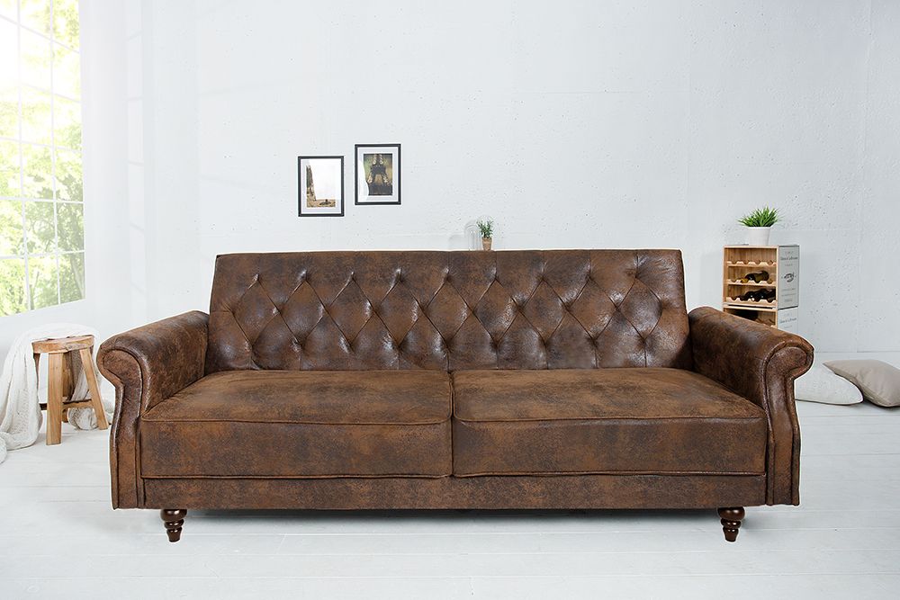 Chesterfield 3-Sitzer Sofa MAISON BELLE AFFAIRE 220cm antik braun Microfaser mit Schlaffunktion