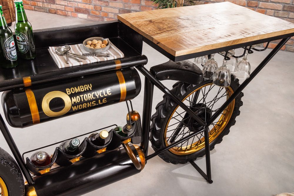 Industrial Konsolentisch MOTORCYCLE 185cm Mangoholz schwarz Motorrad Bartheke Upcycling