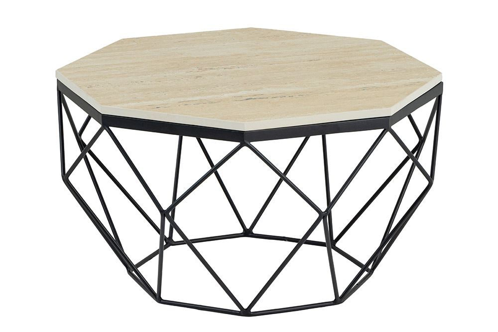 Handgefertigter Couchtisch DIAMOND 70cm beige Travertin schwarz Eisen