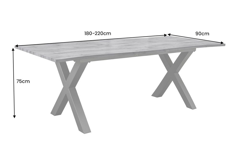 Ausziehbarer Esstisch WILD 180-220cm grau gekälkt Wildeichen-Design Baumkante schwarz