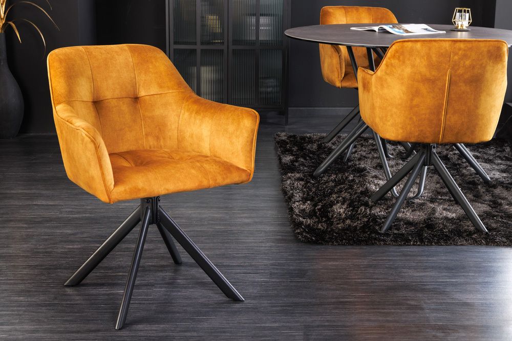 Design Stuhl LOFT senfgelb Samt drehbar Metallgestell schwarz mit Armlehne