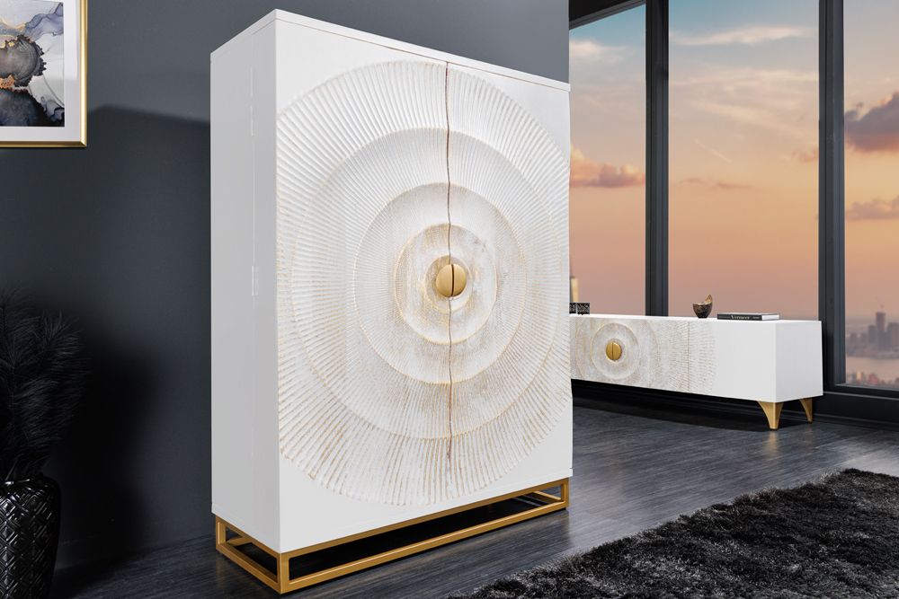 Handgearbeiteter Barschrank GOLDEN SUNSET 140cm weiß gold Mangoholz massiv