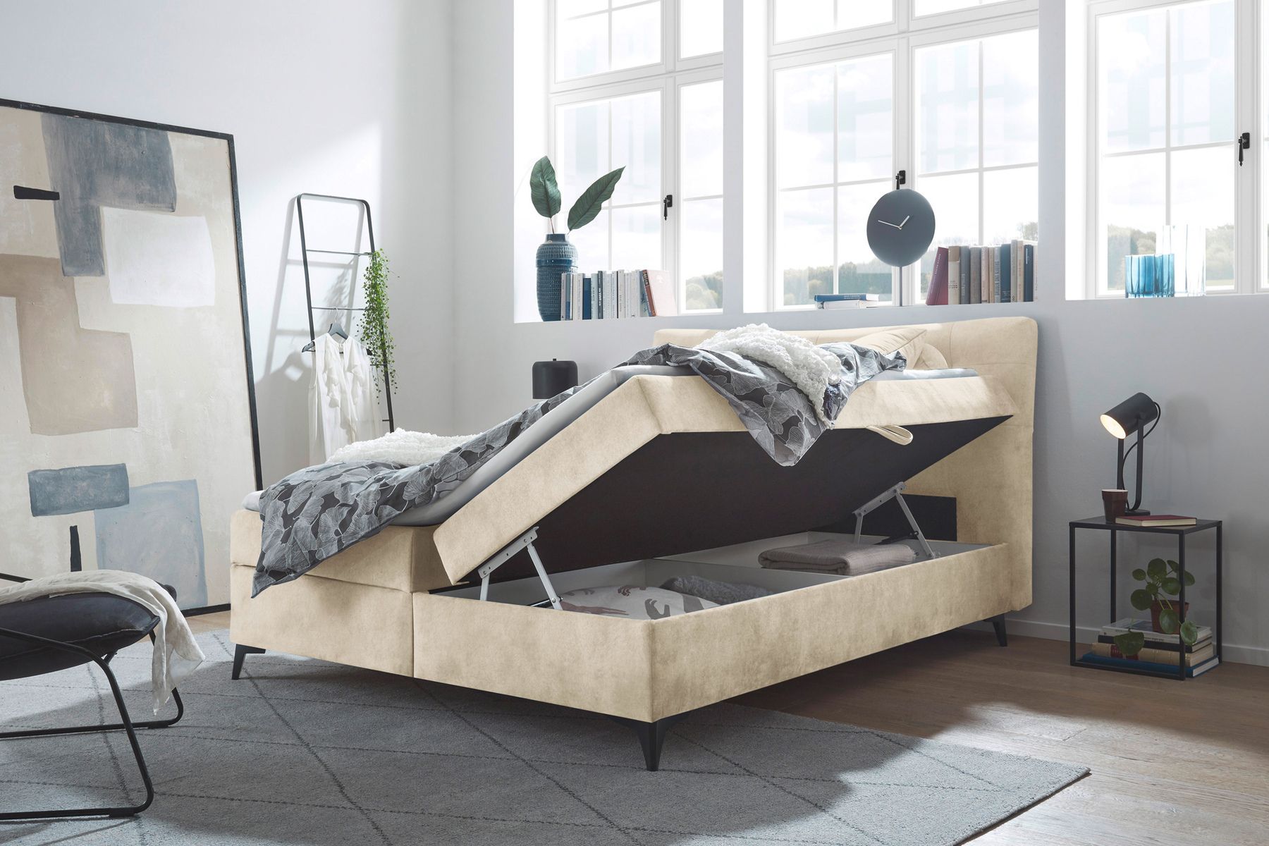 Design Boxbett DECADENCIA 180x200cm beige Samt mit Stauraum Matratze Topper