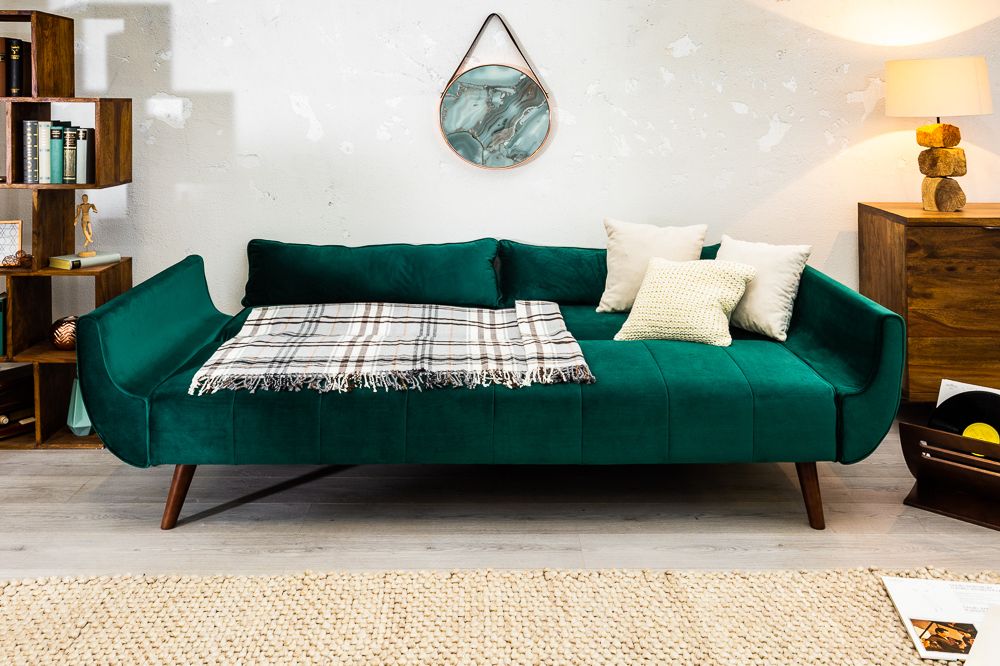 Retro Schlafsofa DIVANI 220cm smaragdgrün Samt 3-Sitzer mit Bettfunktion