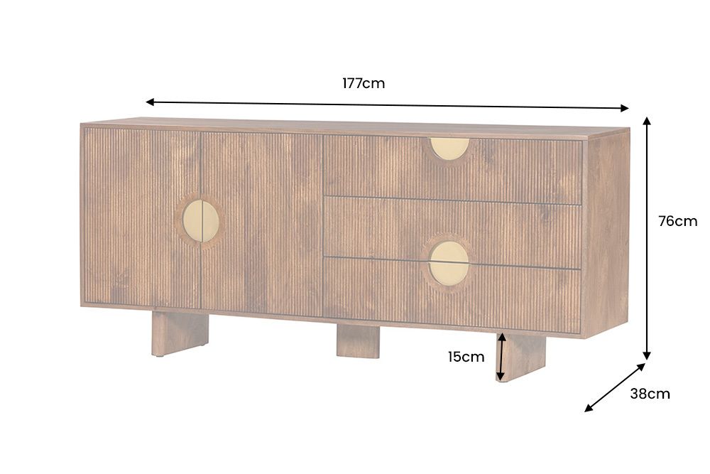 Massives Sideboard MADISON 180cm braun Mangoholz mit Schubladen und strukturierter Front