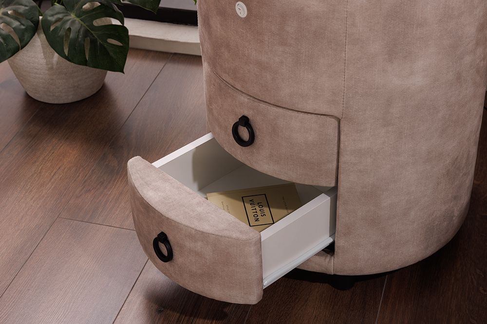 Runder Nachttisch SIGNUM 55cm champagner beige Vogue Seiden Samtstoff inkl. Beleuchtung
