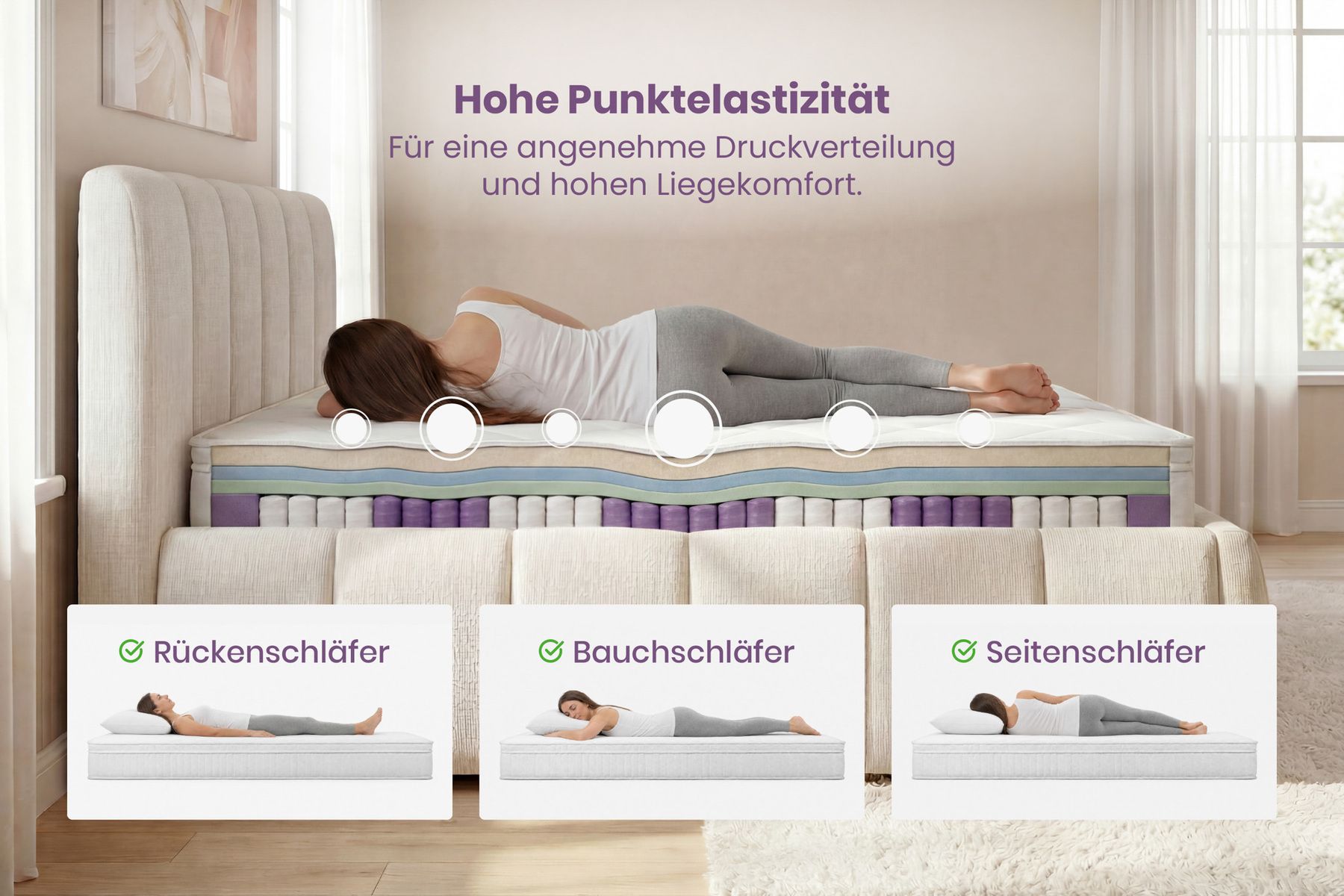 Ergonomische Matratze mit Topper CLOUD FLEX 180x200cm Tonnentaschenfederkern 7-Zonen