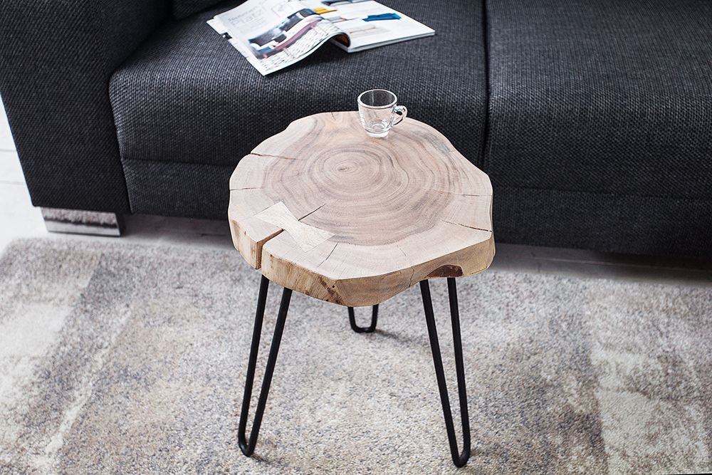 Massivholz Beistelltisch GOA 40cm natur Akazie Baumstamm Metall schwarz Hairpin Legs