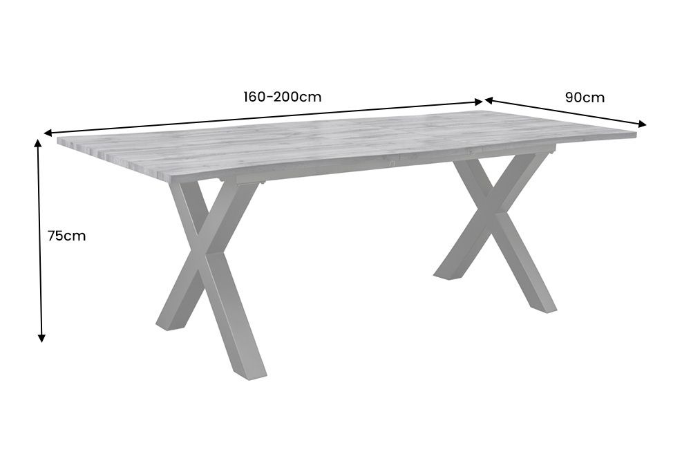 Ausziehbarer Esstisch WILD 160-200cm grau gekälkt Wildeichen-Design Baumkante schwarz