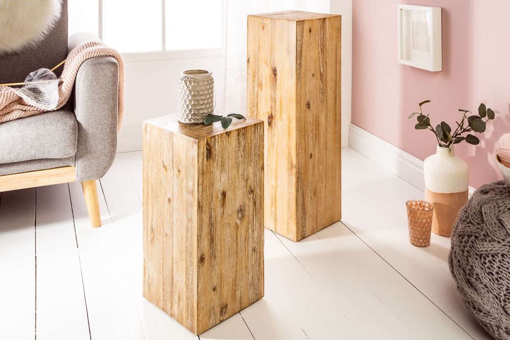 Massivholz Dekosäule COLUMNA 50cm Akazie teak-grau gekälkt Beistelltisch