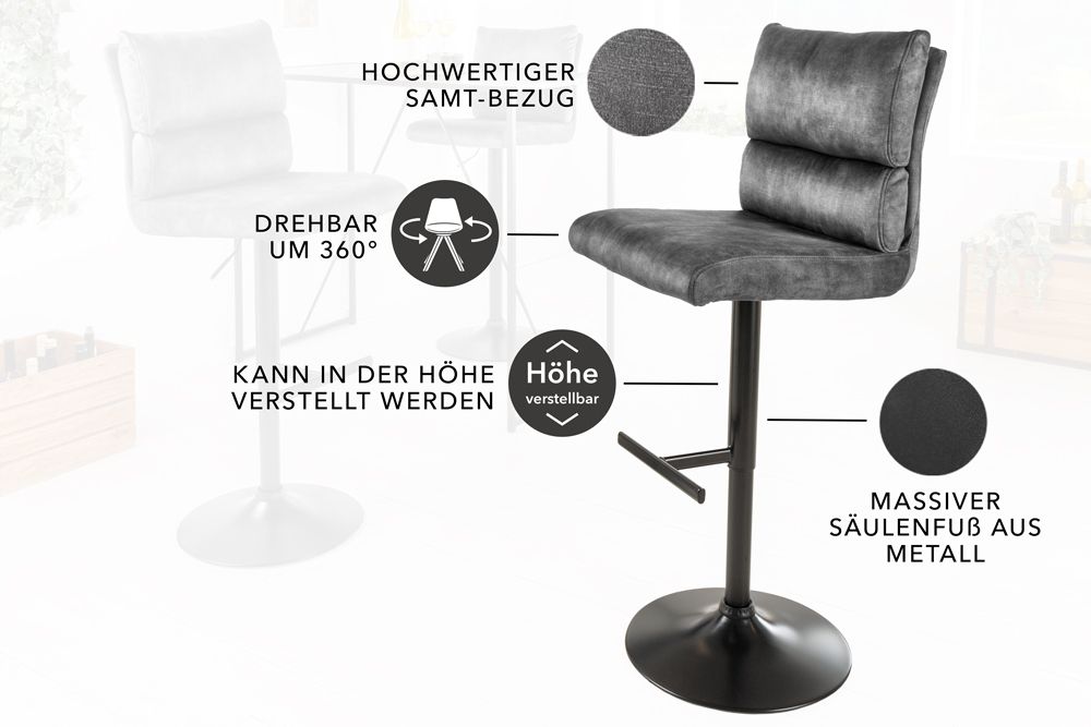 Höhenverstellbarer Barhocker COMFORT dunkelgrau Samt drehbar mit Lehne Metall schwarz