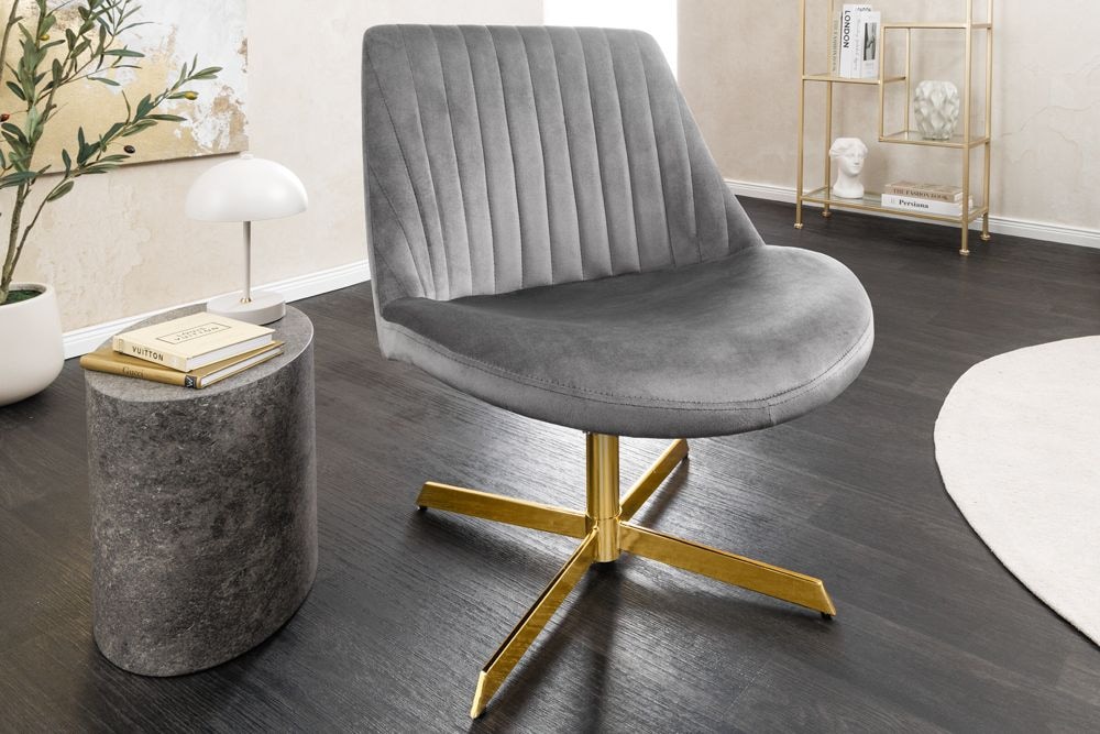 Drehbarer Sessel LOUNGER grau gold Samt Modern Design