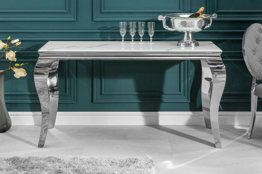 Eleganter Konsolentisch MODERN BAROCK 145cm mit Glasplatte Marmoroptik Edelstahlbeine