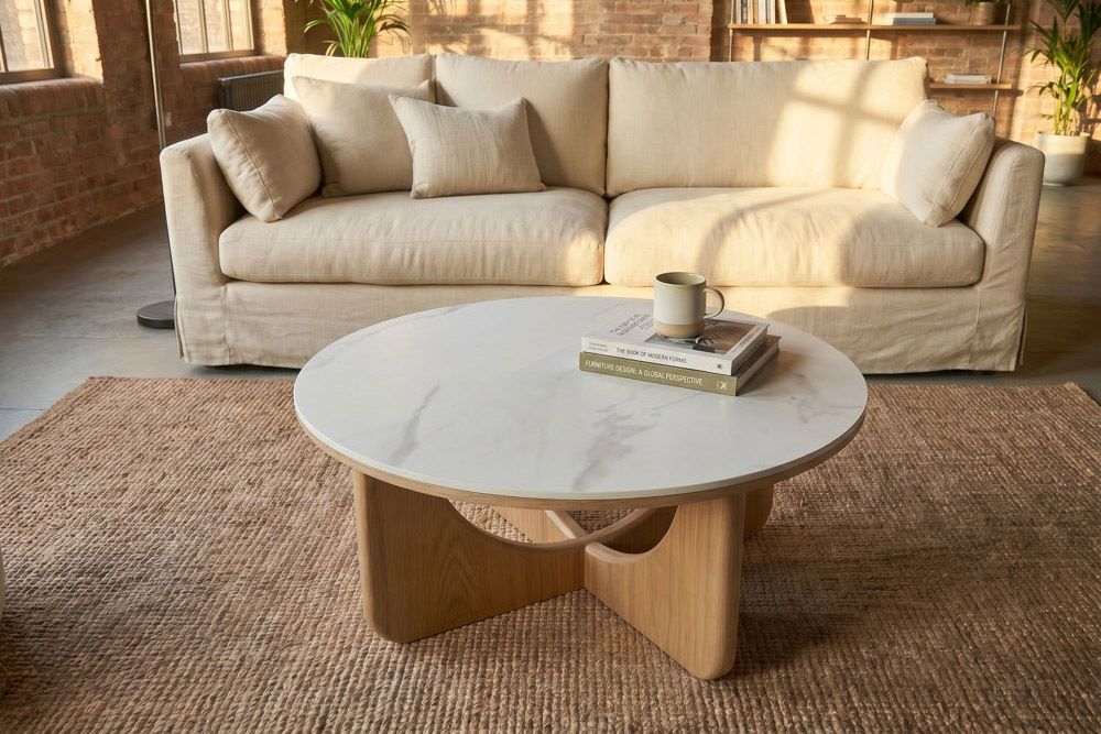 Runder Couchtisch ENSO 80cm weiß Marmor Keramik Eichenholz