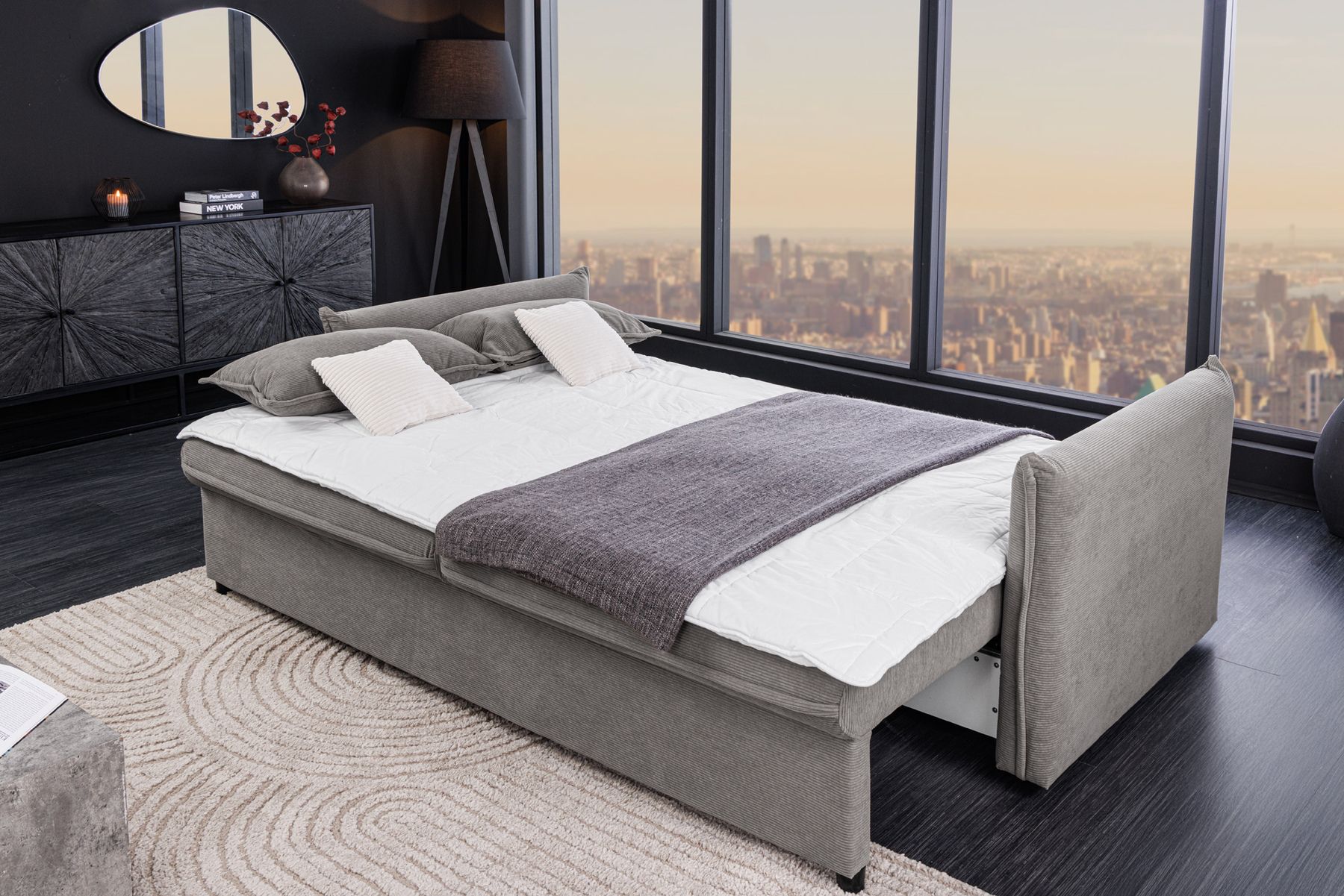 XXL Sofa mit Schlaffunktion APARTMENT grau Cord inkl. Bettkasten und Kissen