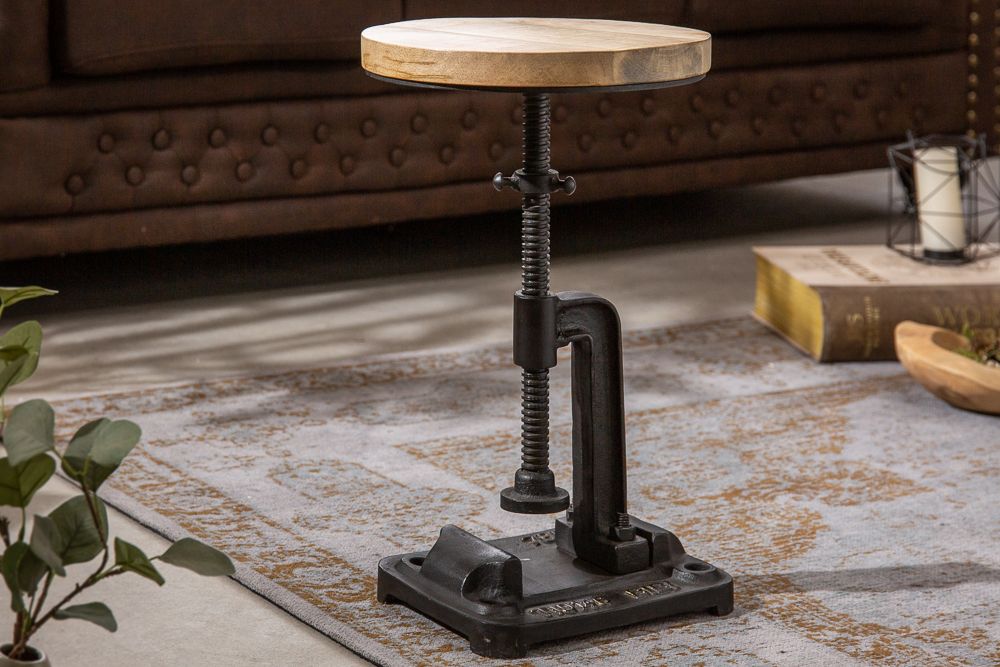 Höhenverstellbarer Beistelltisch ENGINEER 30cm Mangoholz Industrial Design massiv rund Eisen