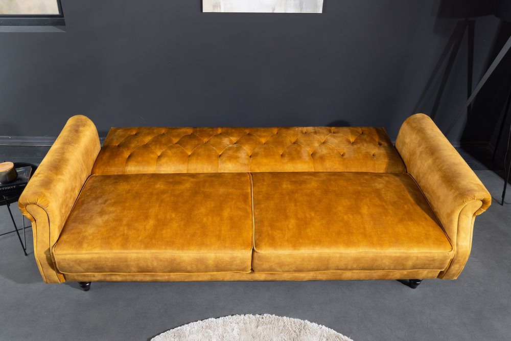 3-Sitzer Sofa MAISON BELLE AFFAIRE 220cm senfgelb Samt mit Schlaffunktion