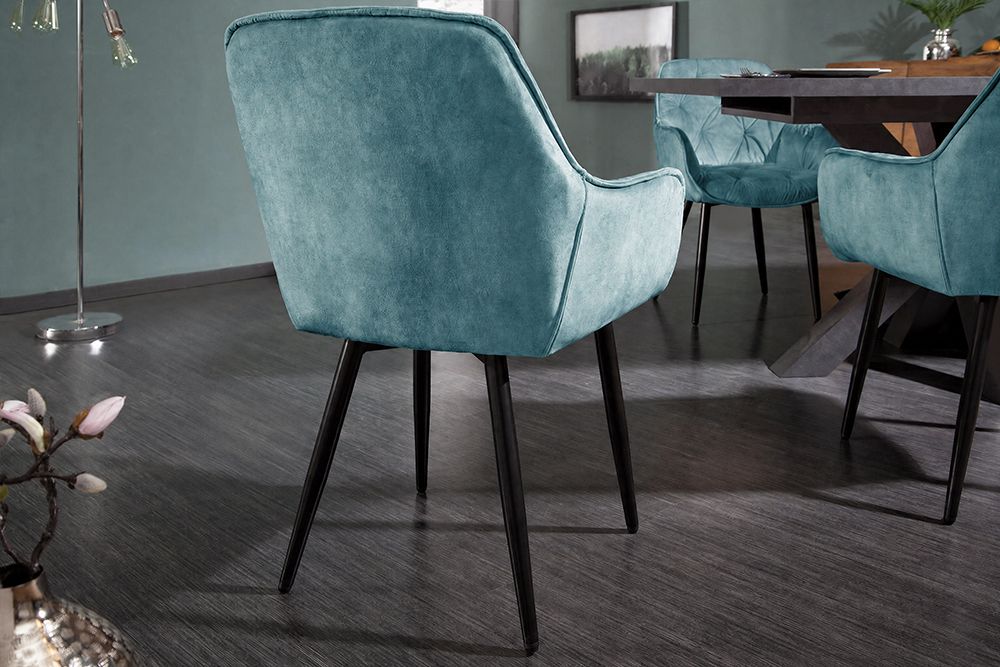 Design Stuhl MILANO petrol Samt mit Armlehne Ziersteppung gepolstert schwarze Metallbeine