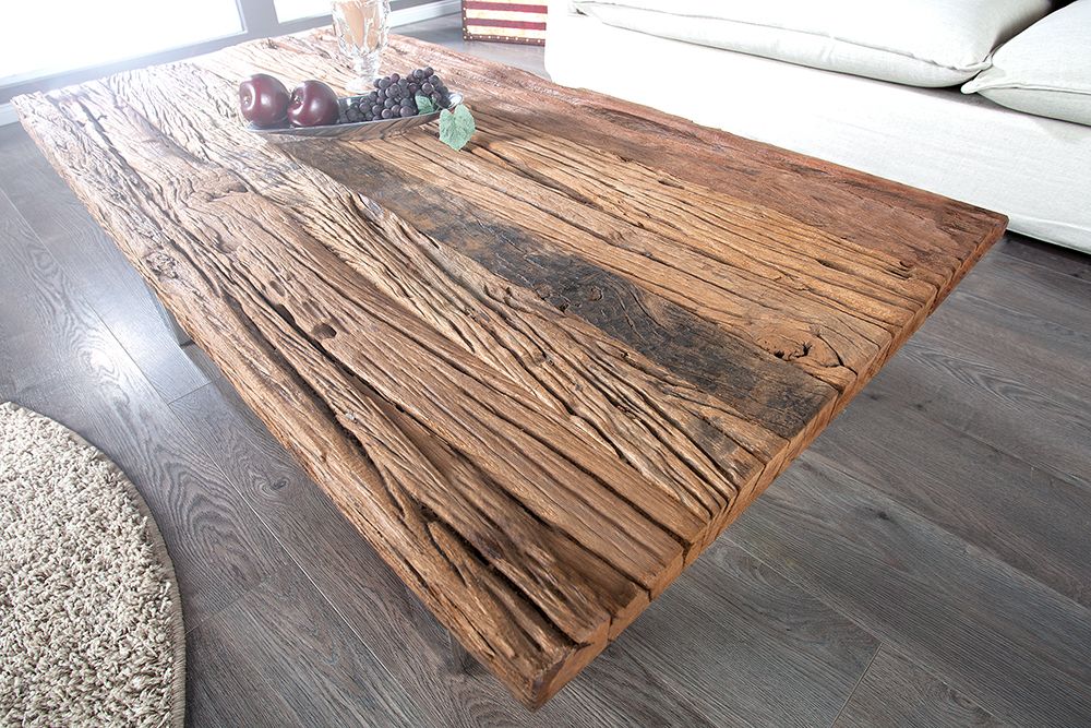 Eindrucksvoller Couchtisch BARRACUDA 110cm antik Teakholz mit Kufengestell und Glas