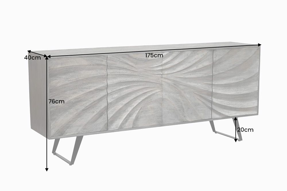 Massivholz Sideboard HURRICANE 175cm grau Akazie 3D-Design