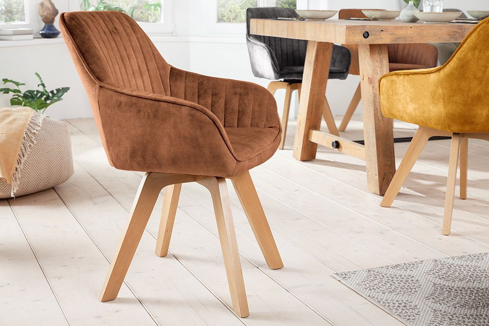 Drehbarer Design Stuhl LIVORNO rost braun Samt Buchenholz Beine mit Armlehnen
