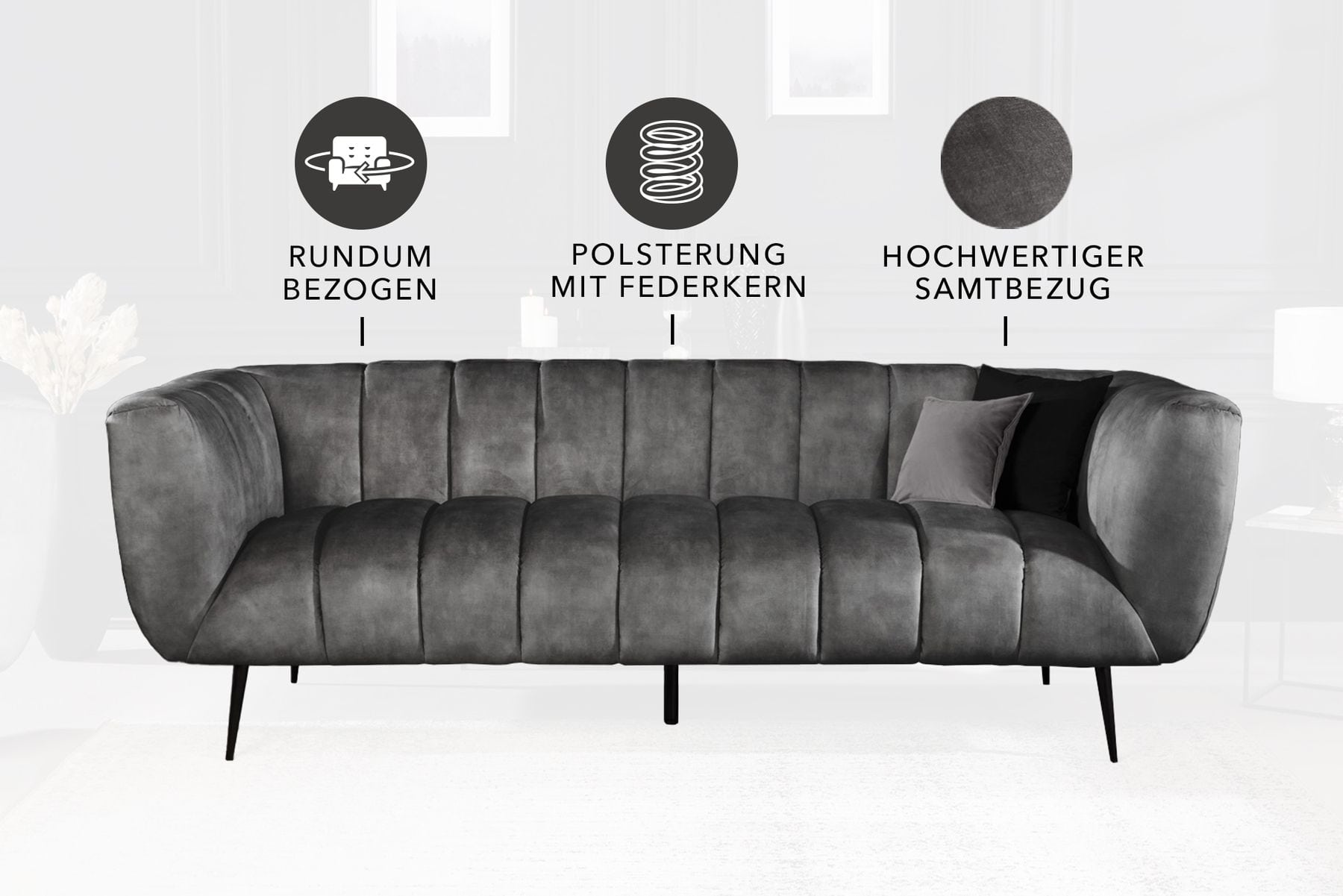 Design 3-Sitzer Sofa NOBLESSE 225cm grau Samt Federkern schwarze Metallfüße