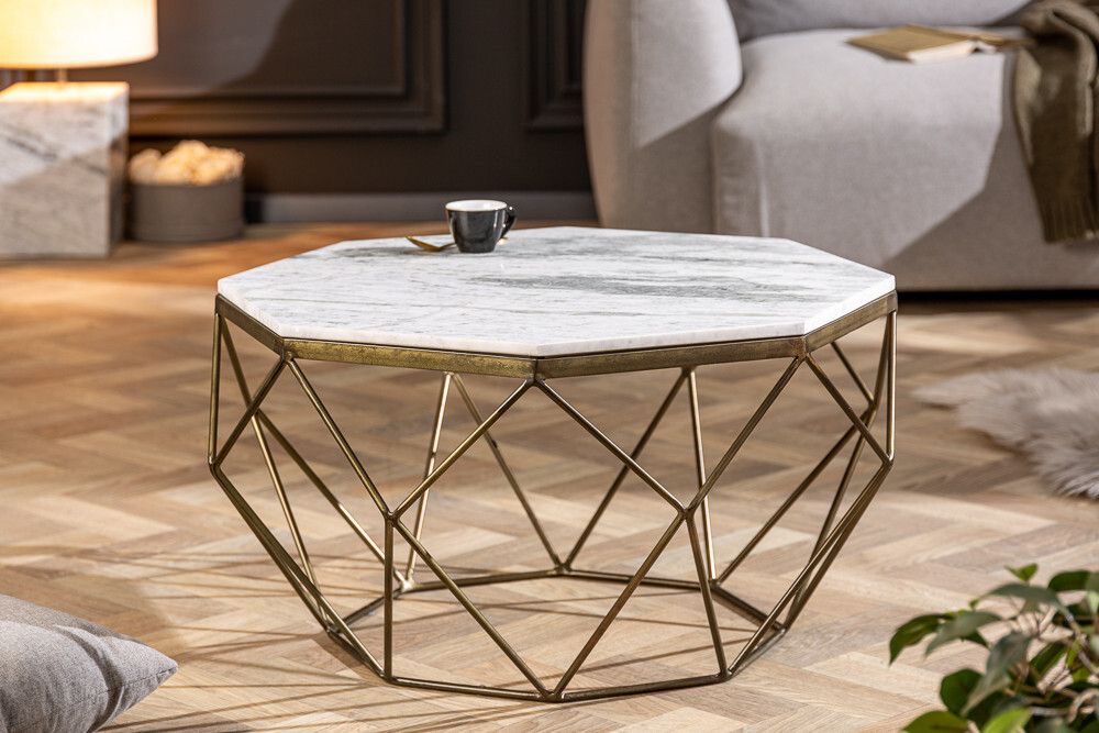 Eleganter Couchtisch DIAMOND 70cm weiß messing mit Marmorplatte