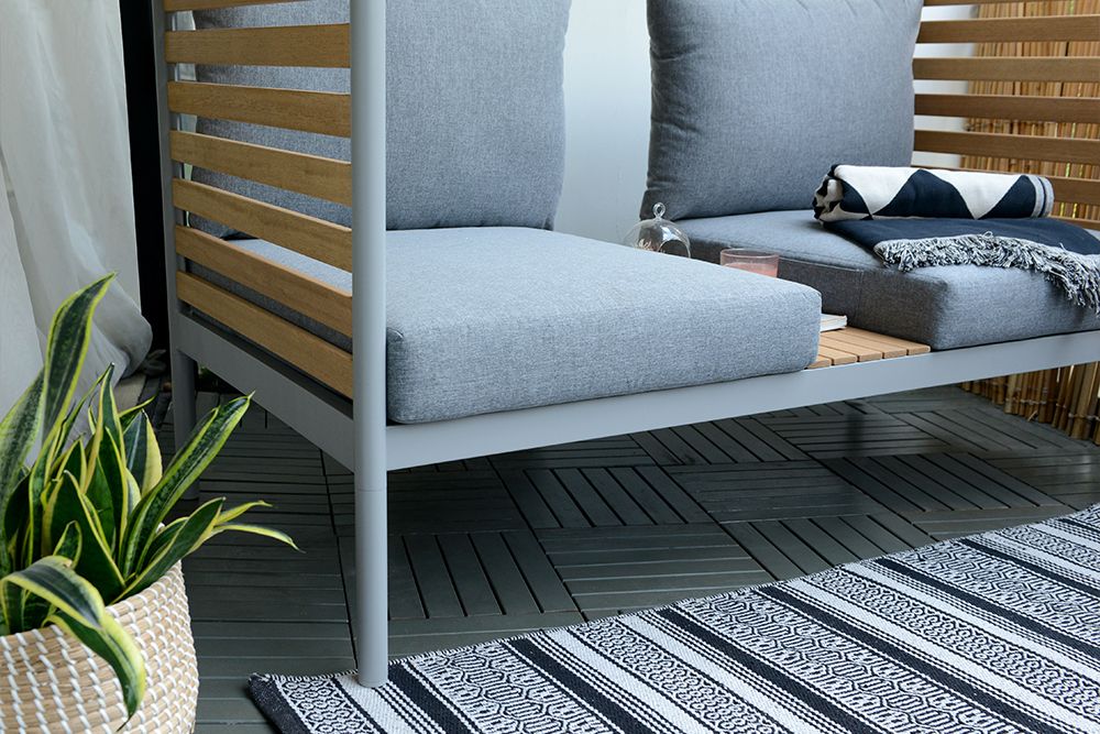 Outdoor Balkonlounge 2-Sitzer COCOONING anthrazit Aluminium Holz mit Hocker wetterfest