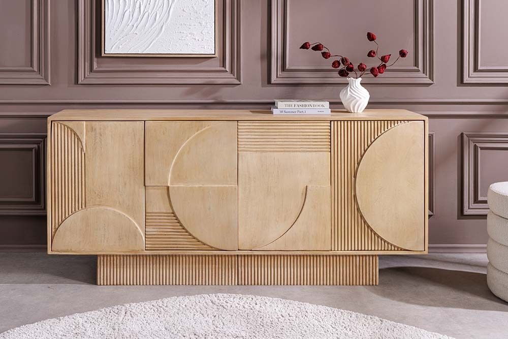 Massives Sideboard ART DECO 170cm weiß gekälkt Mangoholz 3D-Front handmade