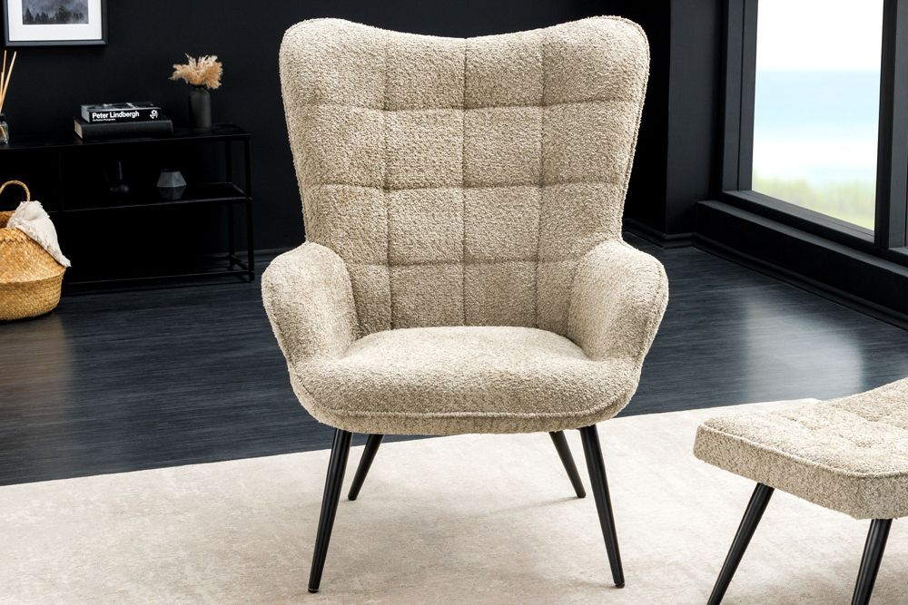 Moderner Sessel SCANDINAVIA champagner greige Bouclé mit Armlehnen