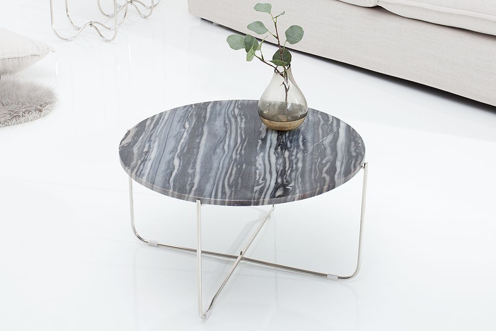 Exklusiver Couchtisch NOBLE 65cm grau echter Marmor rund silber Metall