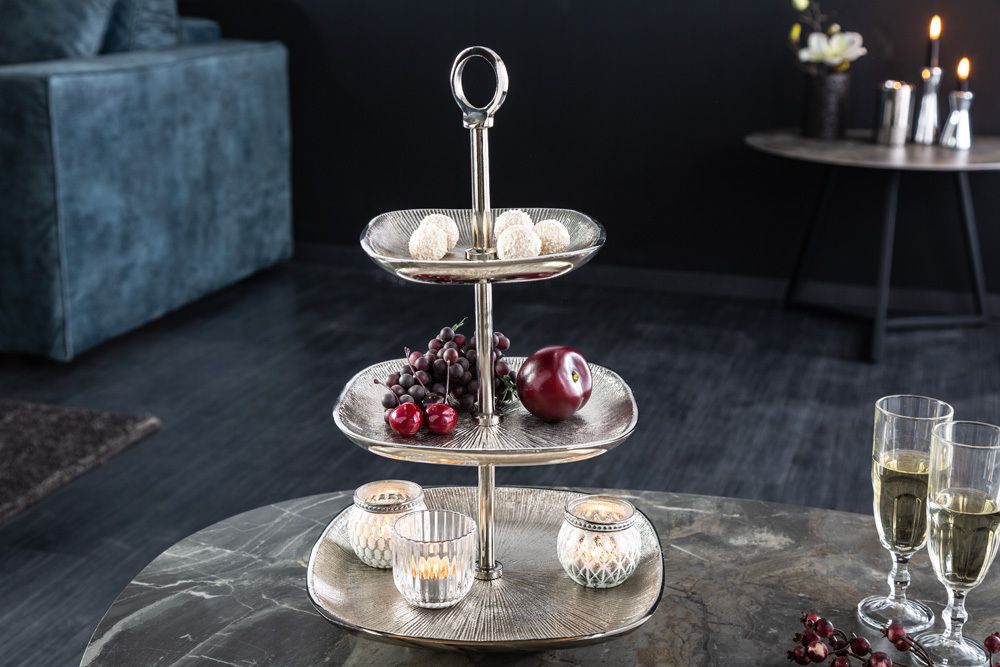 Moderne Etagere ORIENT 45cm silber Hammerschlag-Design mit drei Etagen
