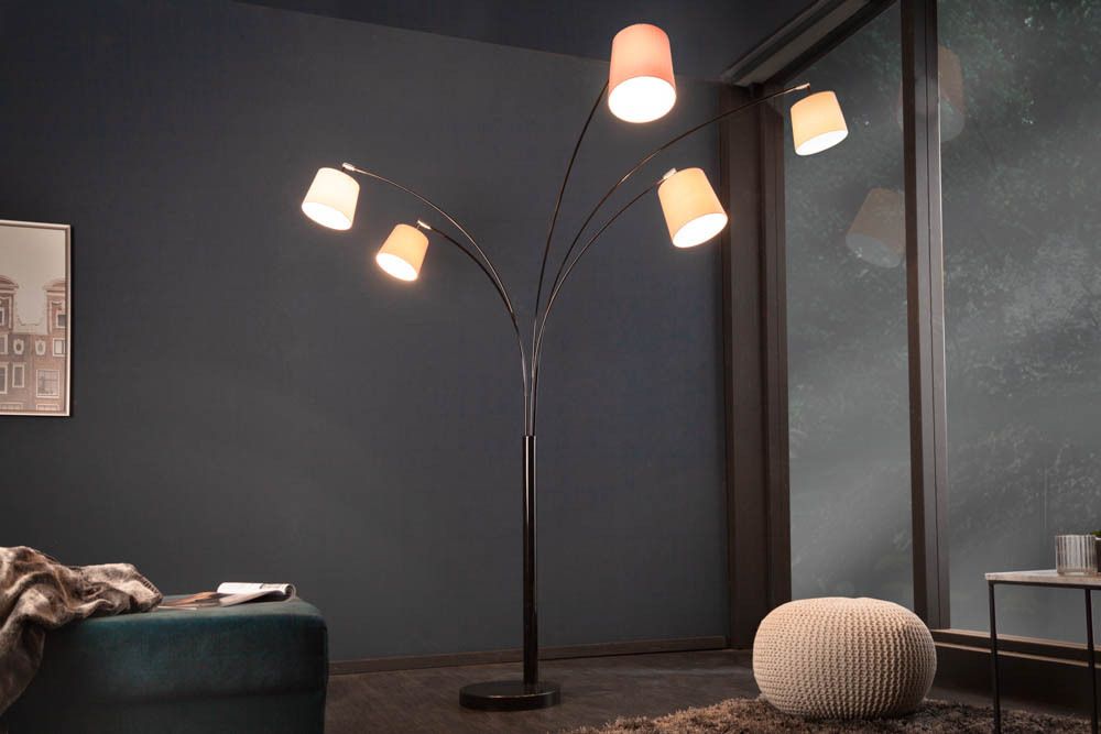Design Bogenlampe LEVELS 205cm weiß beige braun 5 Leinenschirme Stehlampe
