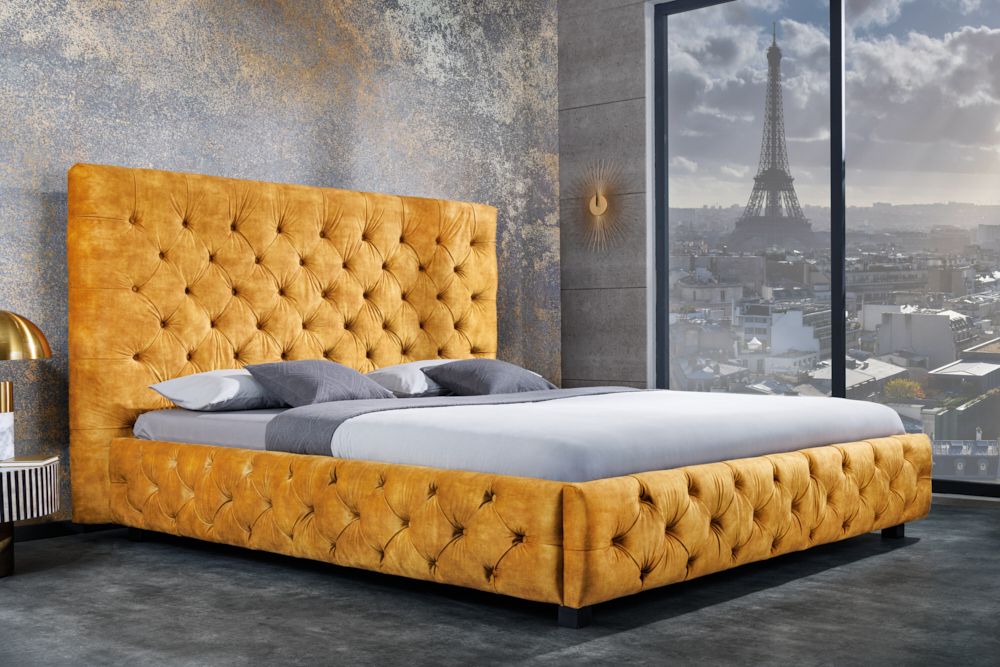 Queensize Doppelbett PARIS 160x200cm senfgelb Samt Chesterfield Design