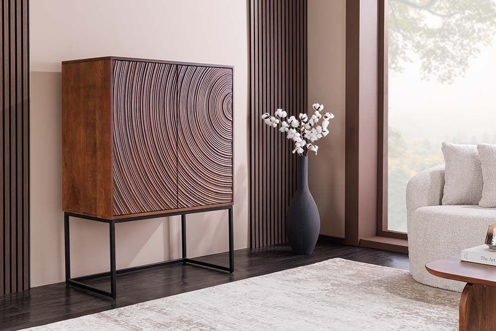 Design Highboard ORBIT 120cm braun Mangoholz mit 3D-Front schwarz Metall