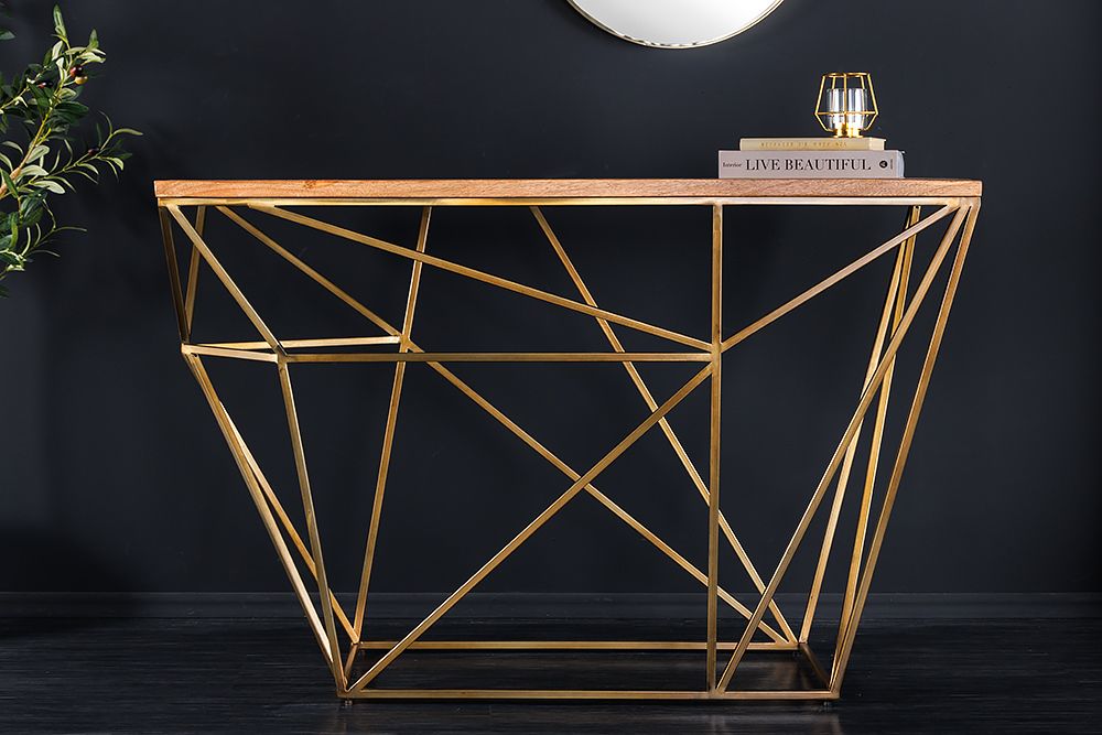 Abstrakter Konsolentisch DIAMOND 120cm natur messing Mangoholz Metallgestell