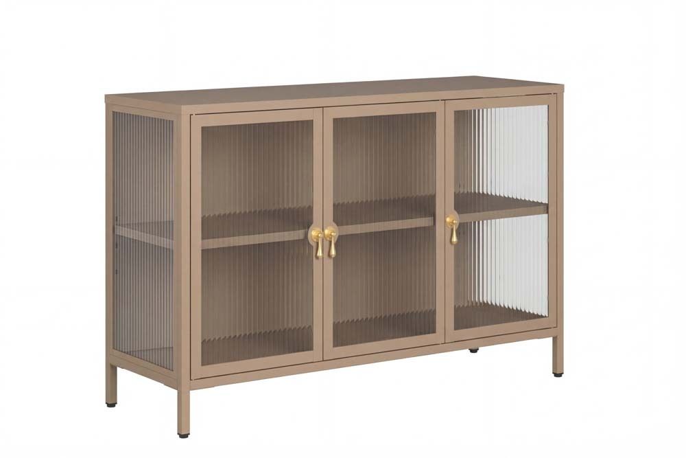 Modernes Sideboard AMSTERDAM 105cm greige gold Vitrine Schrank Riffelglas Metall