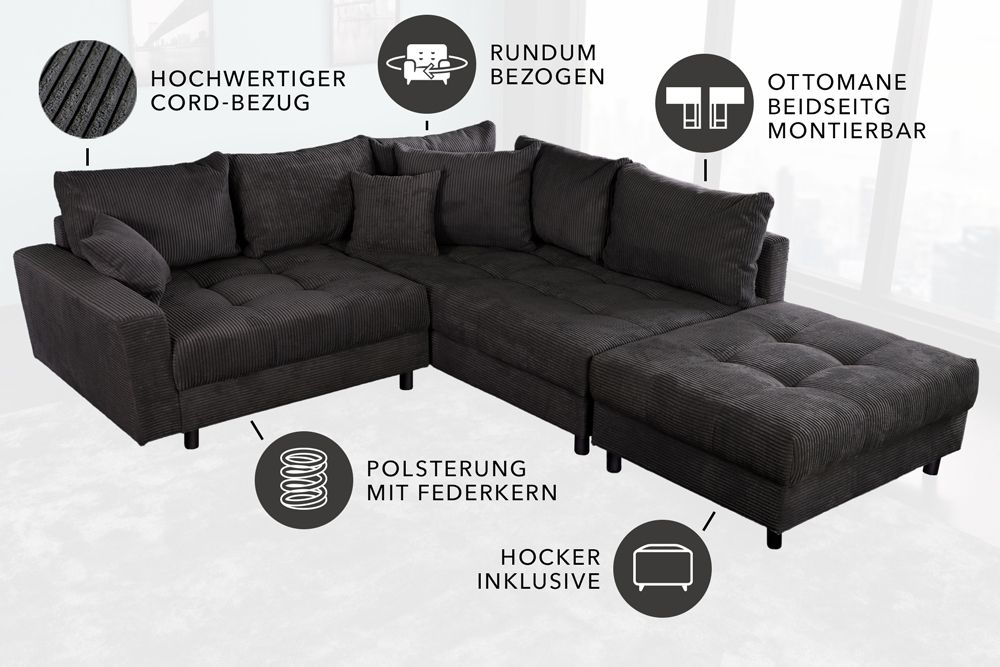 Modernes Ecksofa KENT 220cm dunkelgrau Cord inklusive Hocker Federkern Wohnlandschaft