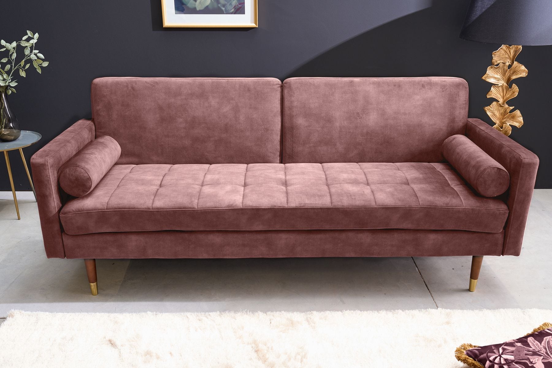 Modernes Schlafsofa COUTURE 200cm altrosa Microvelours 3-Sitzer Couch mit Schlaffunktion