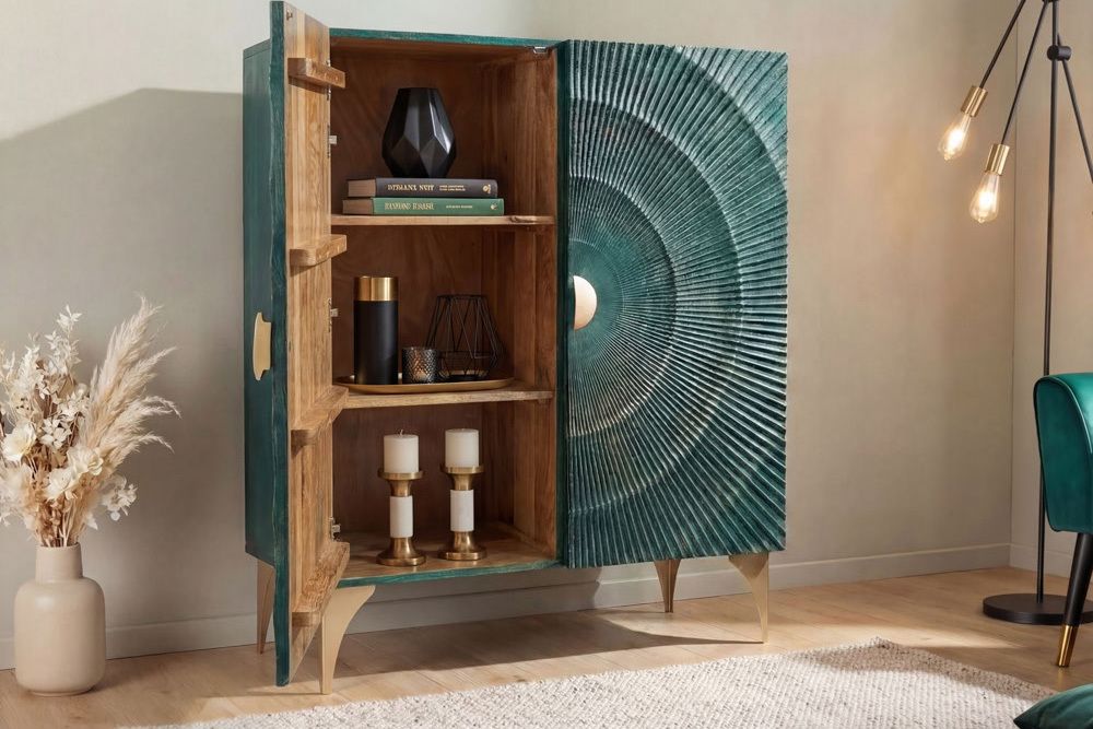 Massives Highboard GOLDEN SUNSET 120cm türkis gold Mangoholz mit 3D Schnitzereien