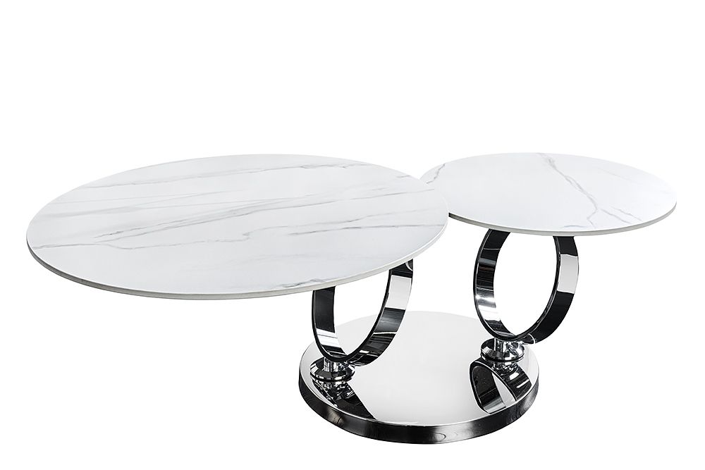 Design Couchtisch DANCING RINGS weiß rund drehbar Marmor Keramik Chrome Gestell