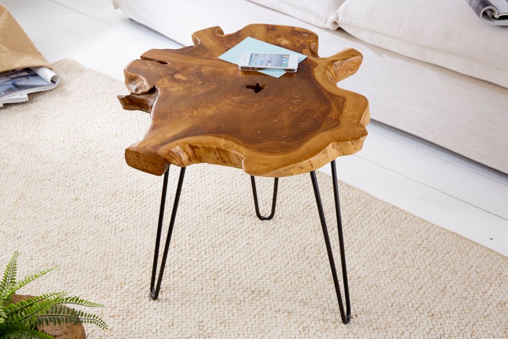 Einzigartiger Beistelltisch WILD 50cm Teak Massivholz Baumscheibe Metallbeine schwarz