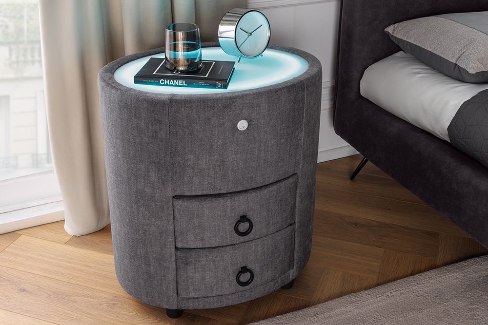 Nachttisch SIGNUM 55cm oval grau Vogue Seiden Samtstoff inkl. Beleuchtung Schubladen
