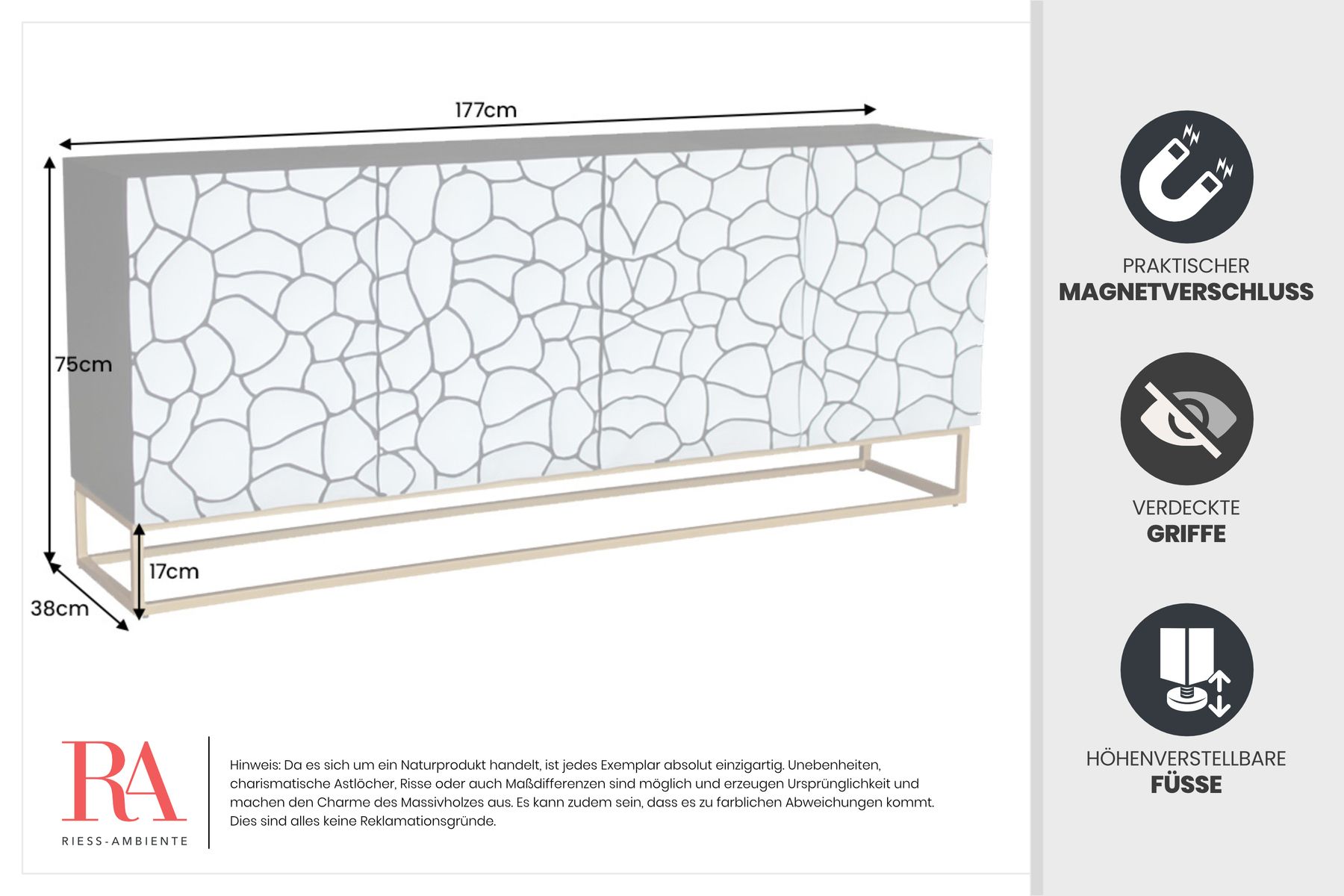 Massivholz Sideboard VULCANO 180cm braun Mangoholz mit 3D Schnitzereien handmade Metallgestell schwarz