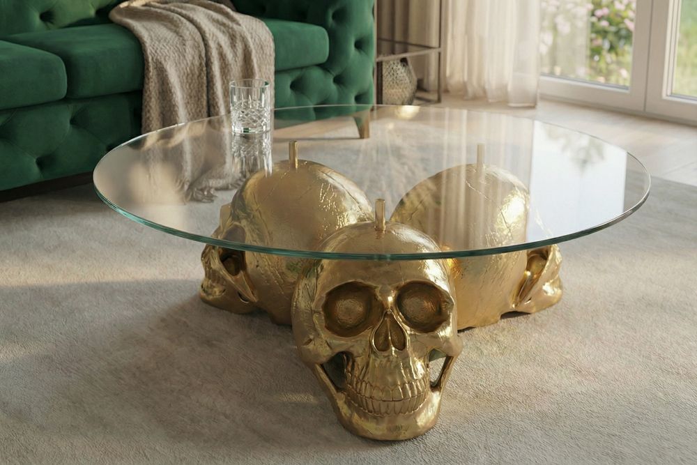 Design Couchtisch SKULL XXL 90cm gold rund Glasplatte Metall Totenkopf handmade