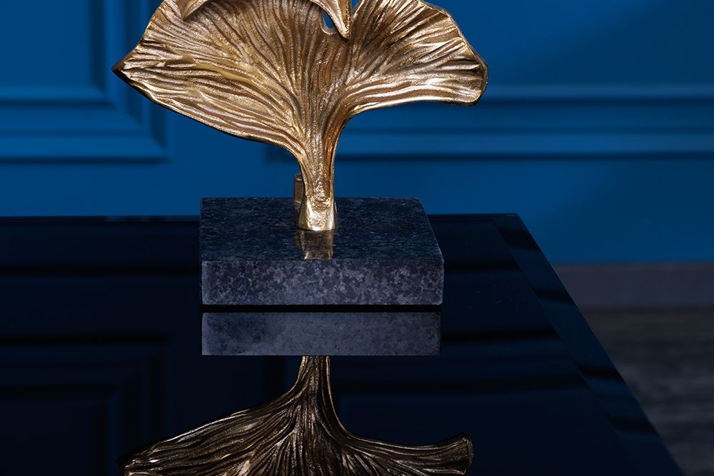 Design Tischlampe GINKGO 70cm schwarz Stoffschirm gold Metall handmade Marmor-Fuß